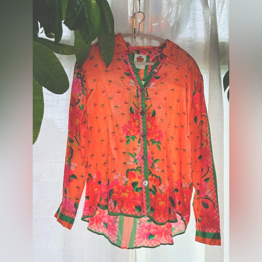 FARM Rio Vibrant Orange Floral Shirt with Green Accents